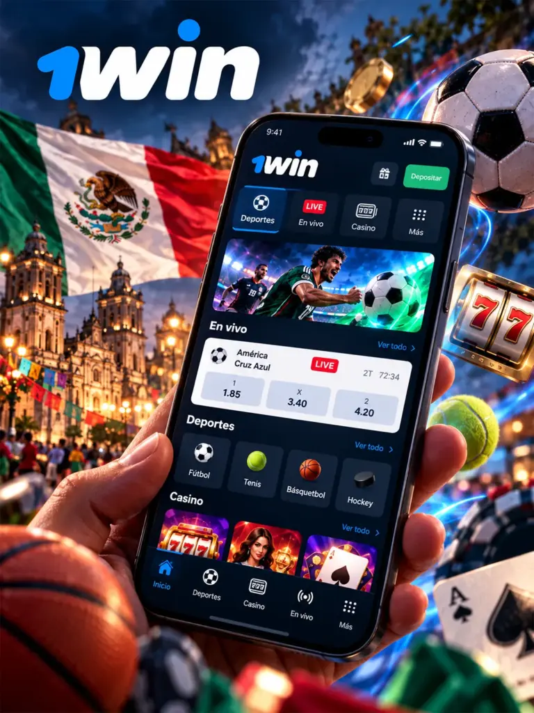 Ilustración de aplicación y acceso móvil de 1win para México